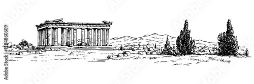 ancient Greek temple ruins landscape vintage engraving style doodle sketch vector
