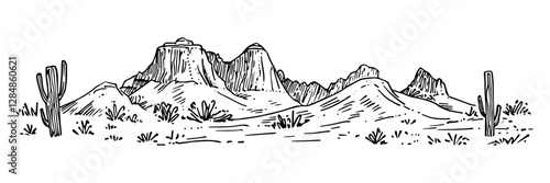 desert mountain landscape with cacti vintage engraving style doodle sketch vector