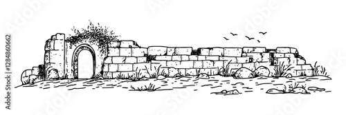 ancient stone wall ruins with arch vintage engraving style doodle sketch vector