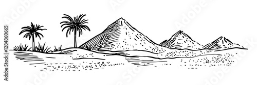 egyptian pyramids with palm trees in desert vintage engraving style doodle sketch vector