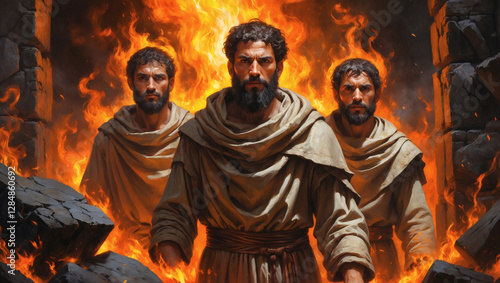 Three figures stand amidst a blazing fire, their stoic expressions unwavering against the intense heat and surrounding chaos.