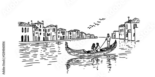 romantic gondola ride in venice vintage engraving style doodle sketch vector