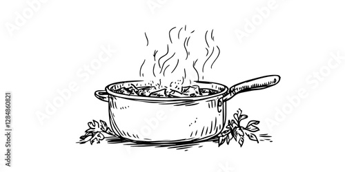 steaming pot of homemade food vintage engraving style doodle sketch vector