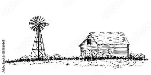 rustic farmhouse with windmill vintage engraving style doodle sketch vector