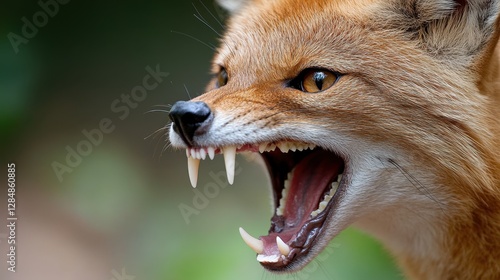 Close-up of a red fox with bared teeth, showing aggression in a natural setting. photo