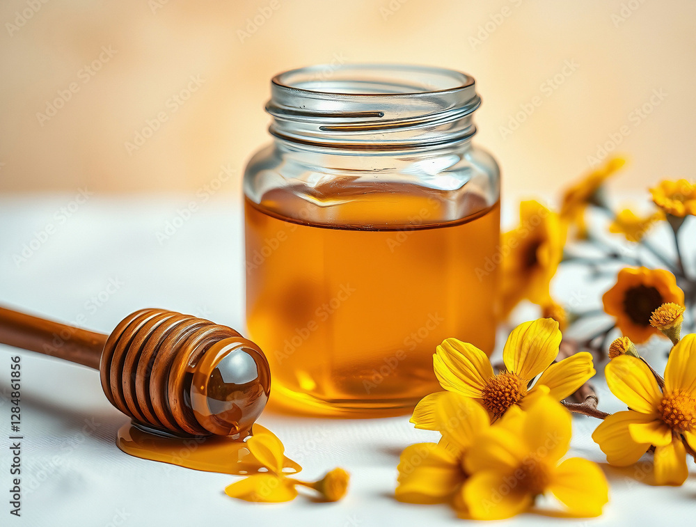 Jar of organic honey with a honey dipper on a light background decorated with flower petals for skincare remedies Jar of organic honey with a honey dipper on a light background decorated with flower petals for skincare remedies