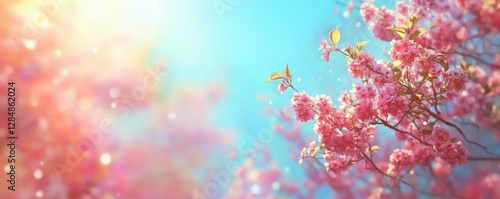 Pink blossoms on tree branches in sunlit blue sky spring scene