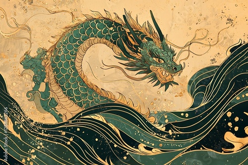 Intricate green and gold dragon design on a wave pattern for an artistic banner.