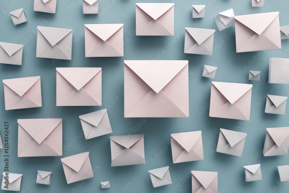 An Aerial View of an Array of White Envelopes on a Light Blue Background, Showcasing Various Sizes and Shapes, Ideal for Themes of Communication and Correspondence. An Aerial View of an Array of White Envelopes on a Light Blue Background, Showcasing Various Sizes and Shapes, Ideal for Themes of Communication and Correspondence.