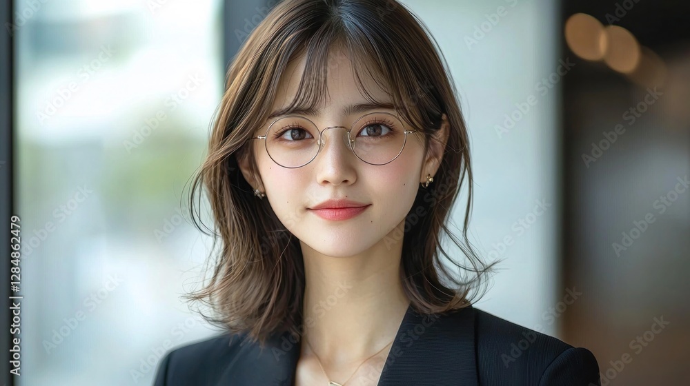 Obraz premium Young Woman in Glasses with Soft Expressions in Modern Setting