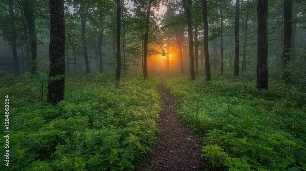 Fototapeta premium Sunrise path through misty forest
