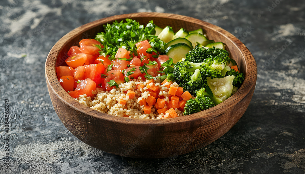 Delicious homemade vegetarian bulgur (couscous) with vegetables: tomatoes, carrots, zucchini, broccoli and parsley in rustic wooden bowl - healthy vegetarian food Delicious homemade vegetarian bulgur (couscous) with vegetables: tomatoes, carrots, zucchini, broccoli and parsley in rustic wooden bowl - healthy vegetarian food