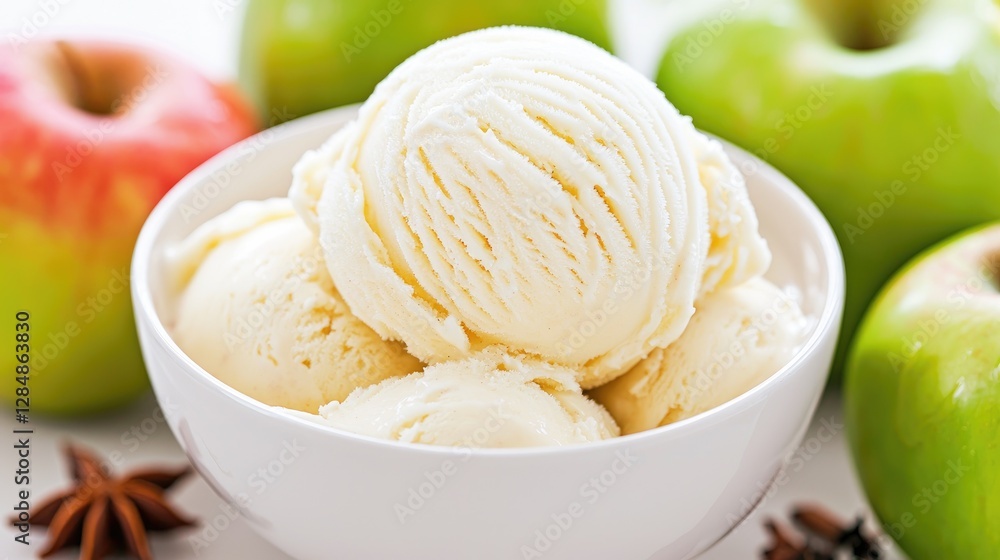 Creamy apple ice cream scoops in bowl with apples Creamy apple ice cream scoops in bowl with apples