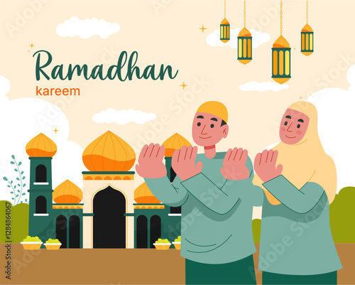 Vector of muslim spouse with prayer pose to celebrate ramadan kareem in front of mosque