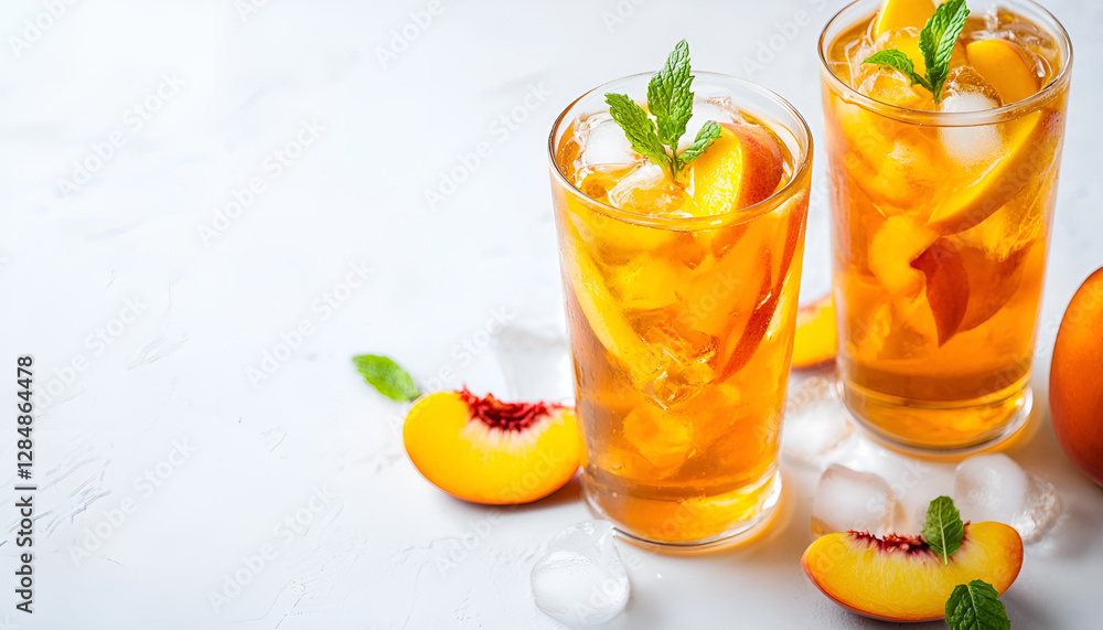Fototapeta premium Peach iced tea. Iced tea with peach slices, mint and ice cubes on white background close up. Homemade refreshing summer drink