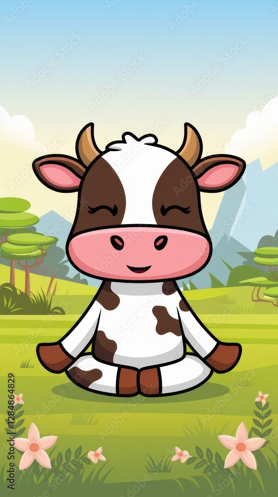 Cartoon Meditating Cow on White Background Generative aI Cartoon Meditating Cow on White Background Generative aI