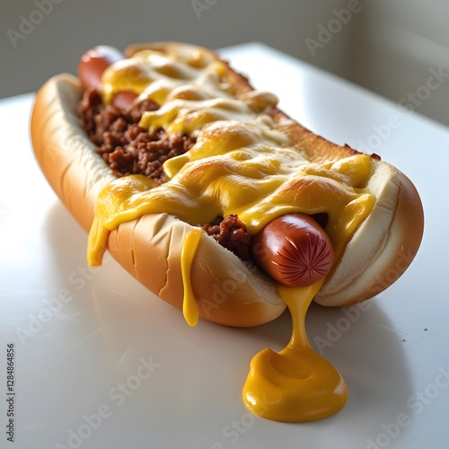 A close-up shot of a gigantic hot dog sandwich, overflowing with melted cheese and savory meat, placed on a pristine white table, isolated from any background, with the table's surface reflecting a hi