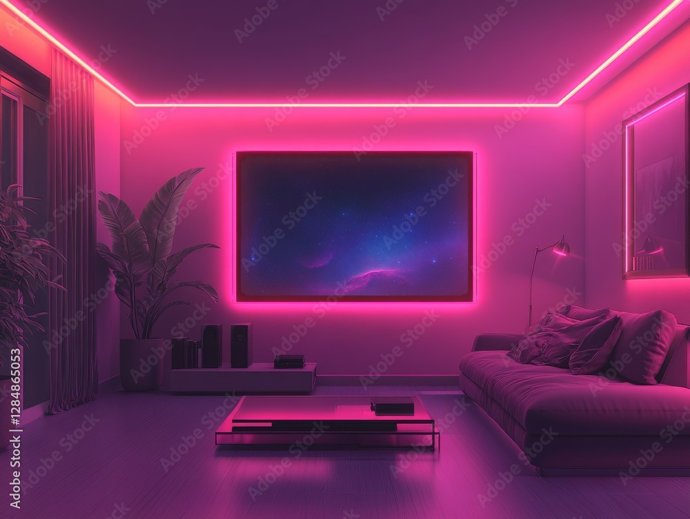 A high-end home theater boasts a spacious screen showcasing a vivid landscape, enhanced by soft pink lighting, premium speakers, and plush seating A high-end home theater boasts a spacious screen showcasing a vivid landscape, enhanced by soft pink lighting, premium speakers, and plush seating