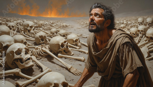 Vision of Dry Bones: A man witnesses a valley of skeletons, with fire on the horizon, evoking themes of loss and potential restoration.