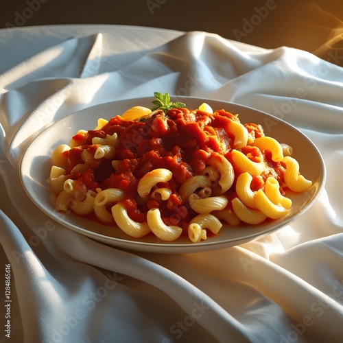 A steaming hot plate of macaroni, generously coated in a rich, vibrant red sauce, sitting atop a crisp, snow-white tablecloth that falls flat with no wrinkles, illuminated by a warm, golden light, wit