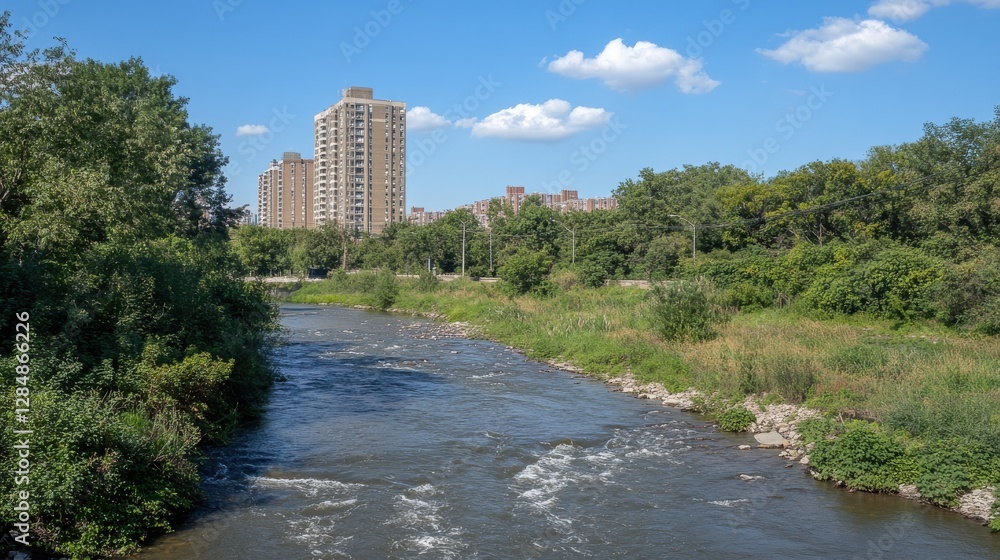 Serene Urban River Flowing Through Green Landscape with City Buildings in Background Serene Urban River Flowing Through Green Landscape with City Buildings in Background