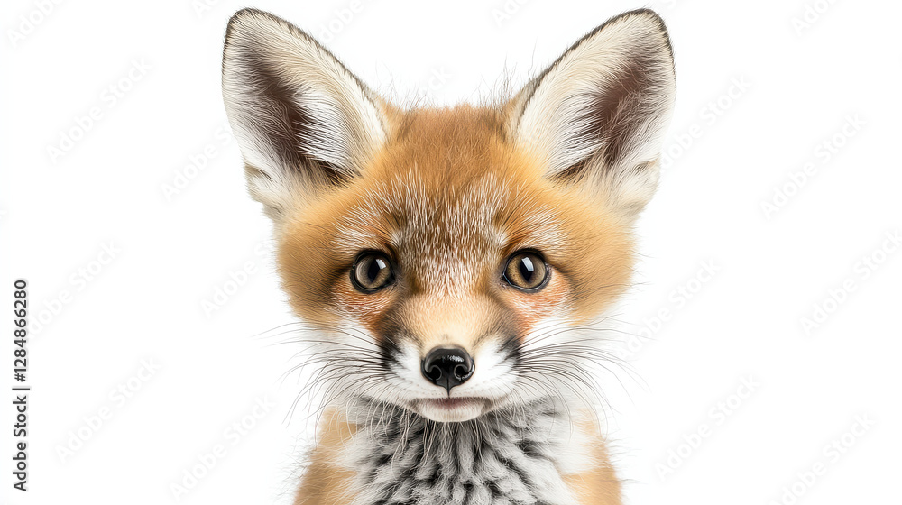 A playful fox cub with slightly ruffled fur, standing on a clean white background