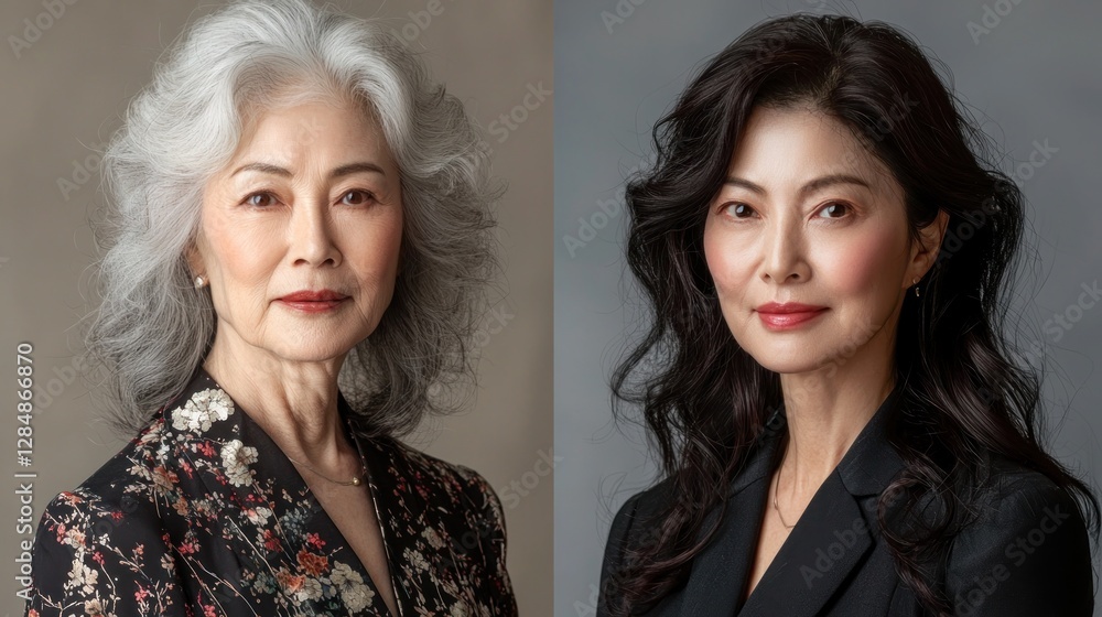 Fototapeta premium Elegant Portraits of Mature Women with Gray and Dark Hair Styles