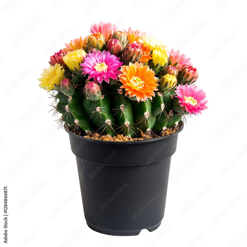 A Small Potted Cactus with Colorful Flowers Isolated on Transparent Background A Small Potted Cactus with Colorful Flowers Isolated on Transparent Background