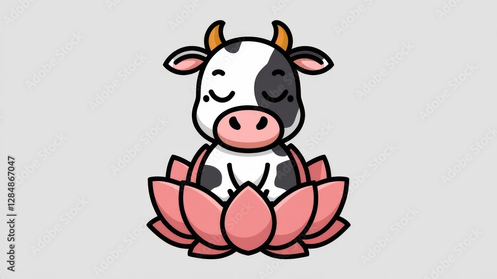 Fototapeta premium Cartoon Meditating Cow on Lotus Flower on White Background Generative AI