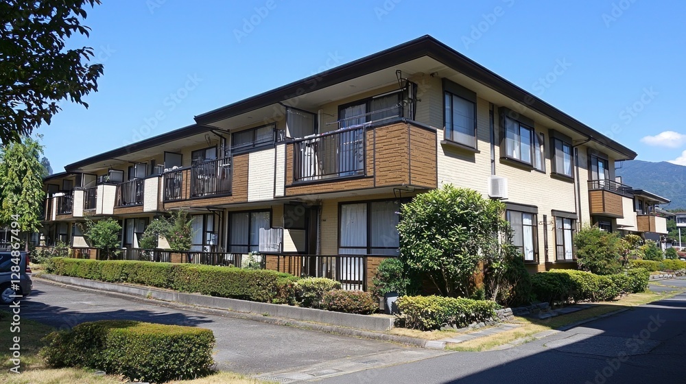 Modern Apartment Complex Surrounded by Greenery on a Clear Day Modern Apartment Complex Surrounded by Greenery on a Clear Day