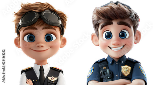 Collection of 3D cartoon people in uniform and occupation smiling happy emotion on white background, unique vector 3D illustration, police, bodyguard