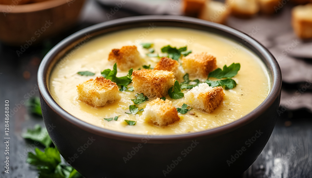Homemade vegetable cheese soup with croutons - healthy diet vegetarian fresh organic cream soup meal food Homemade vegetable cheese soup with croutons - healthy diet vegetarian fresh organic cream soup meal food