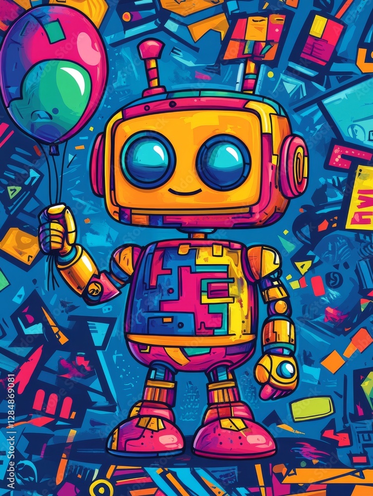 Obraz premium Cheerful Robot with Balloon: A friendly robot, painted in a bright, whimsical style, holds a pink and yellow balloon against a background of colorful geometric shapes and abstract elements