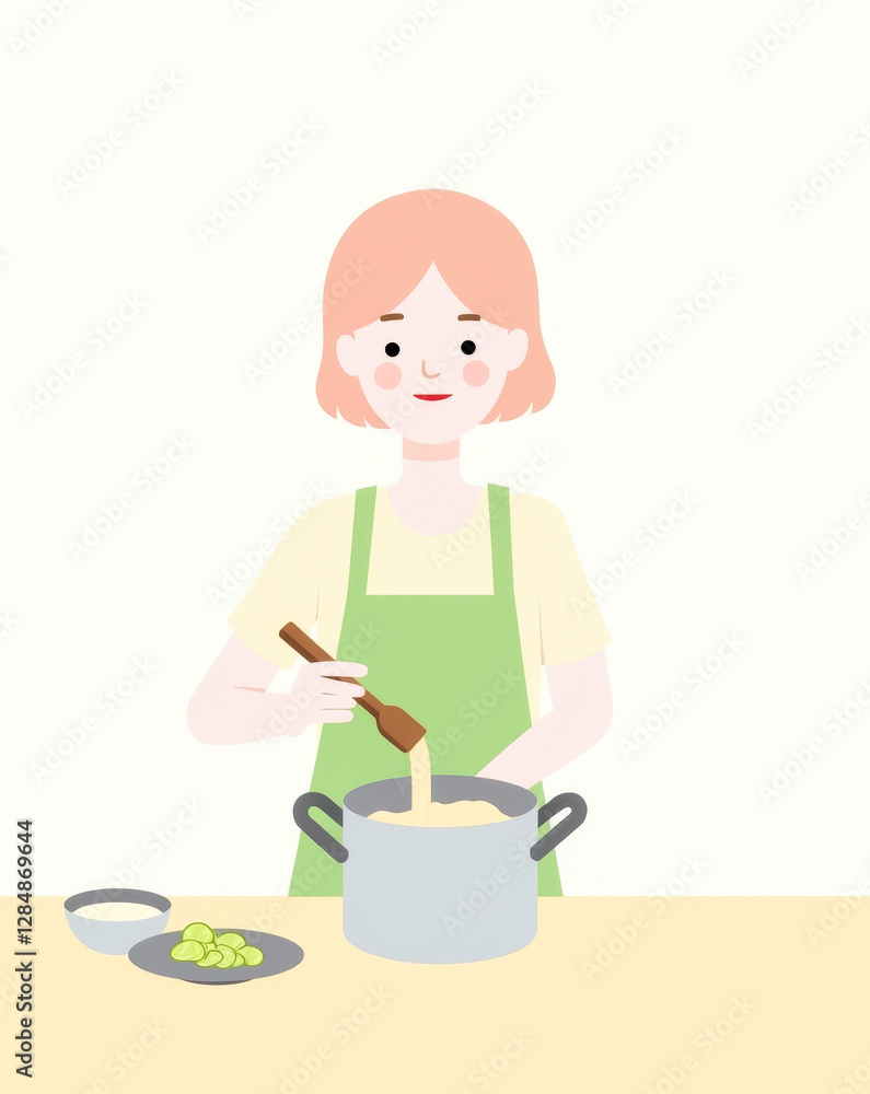young woman in a green apron is skillfully cooking a creamy mixture in a pot young woman in a green apron is skillfully cooking a creamy mixture in a pot