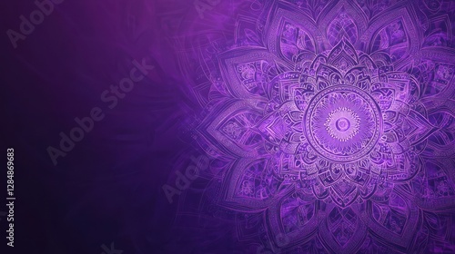 Illustration, background mandala in purple, intricate patterns, flowing sound waves, vibrant colors, mystical aura, detailed, symmetrical design