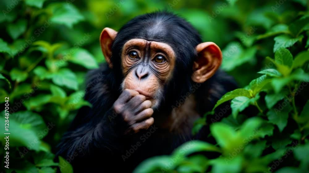Adorable Young Chimpanzee in Green Forest Showing Surprise with Hand Gesture Adorable Young Chimpanzee in Green Forest Showing Surprise with Hand Gesture