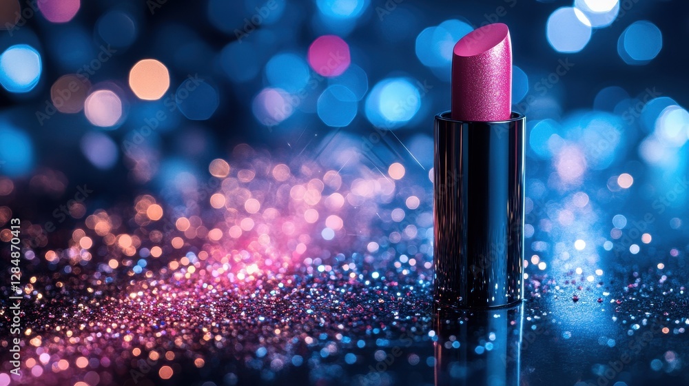 Vibrant pink lipstick stands out against a shimmering glitter backdrop, creating a striking visual for beauty enthusiasts in a colorful setting Vibrant pink lipstick stands out against a shimmering glitter backdrop, creating a striking visual for beauty enthusiasts in a colorful setting