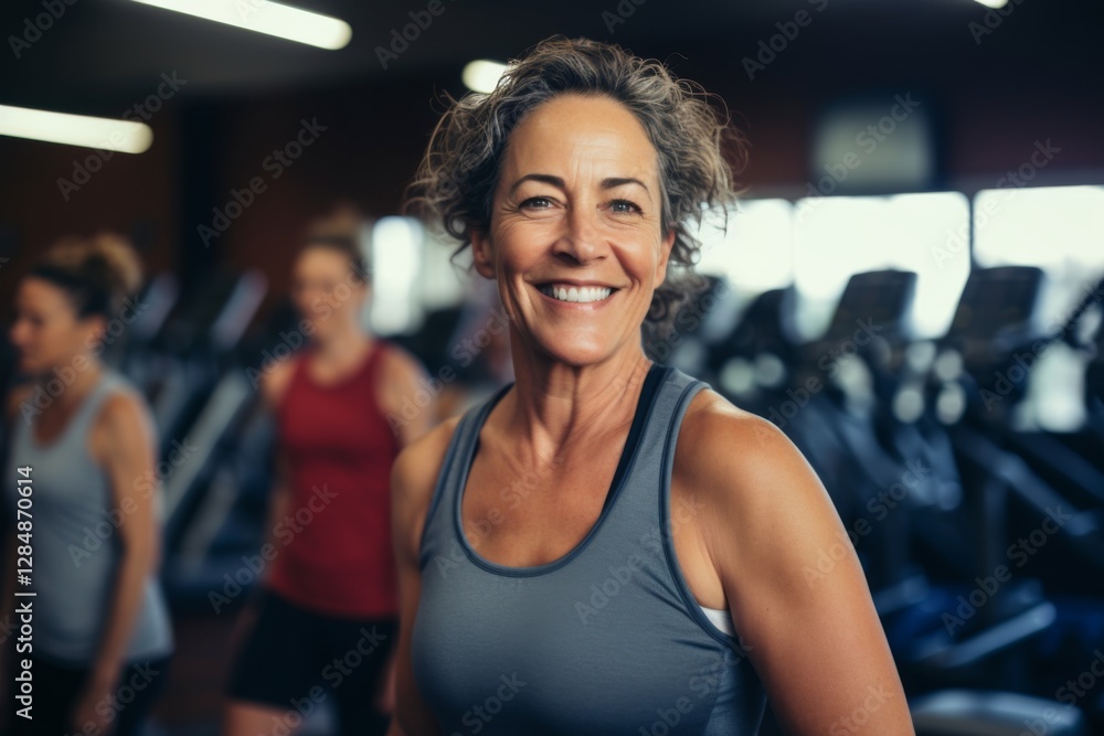 Smiling portrait of a middle aged slightly overweight woman in gym Smiling portrait of a middle aged slightly overweight woman in gym
