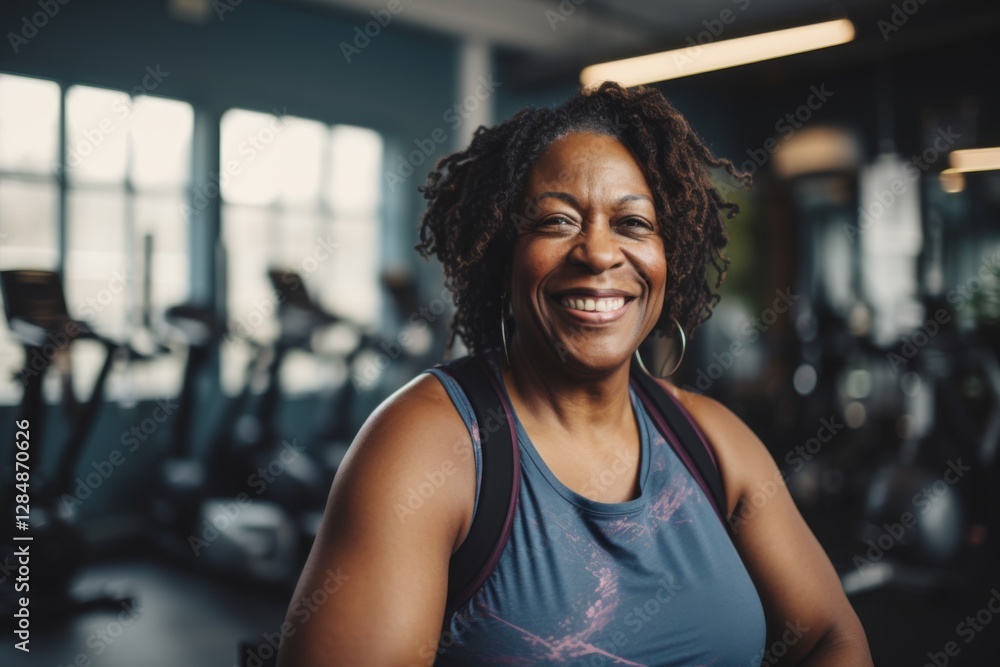 Smiling portrait of a middle aged slightly overweight woman in gym Smiling portrait of a middle aged slightly overweight woman in gym