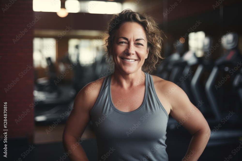 Smiling portrait of a middle aged slightly overweight woman in gym Smiling portrait of a middle aged slightly overweight woman in gym
