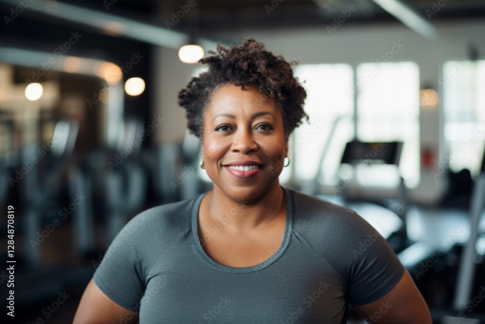 Fototapeta premium Smiling portrait of a middle aged slightly overweight woman in gym