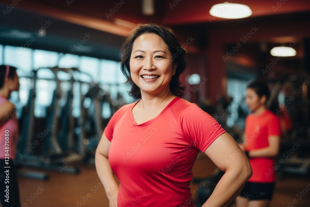 Smiling portrait of a middle aged slightly overweight woman in gym Smiling portrait of a middle aged slightly overweight woman in gym