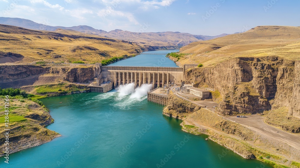 Stunning Aerial View of Modern Dam and Turquoise River in Scenic Mountain Landscape Stunning Aerial View of Modern Dam and Turquoise River in Scenic Mountain Landscape