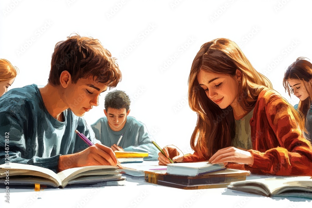 Students engaged in collaborative learning around a table in a bright classroom during the afternoon