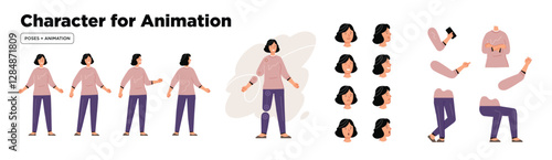 Young woman character for animation. Creation set with various views, face emotions, poses and gestures.