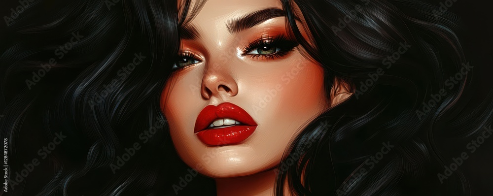Fototapeta premium Artistic portrait of young female with dark hair, red lips, striking makeup