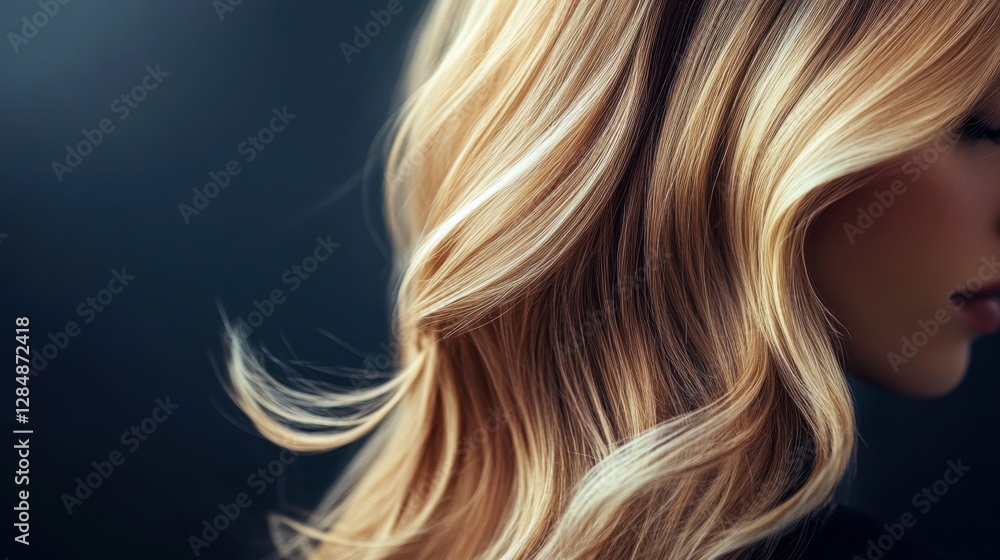 Naklejka premium Elegant blonde hair cascading down the back of a young woman, showing healthy strands and natural shine