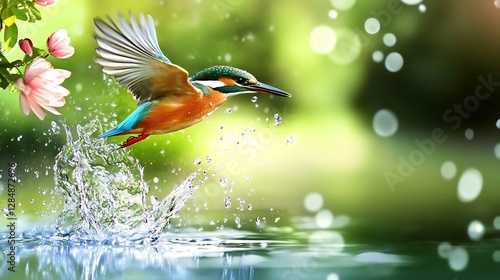 Elegant kingfisher bird flying with a stunning floral backdrop
