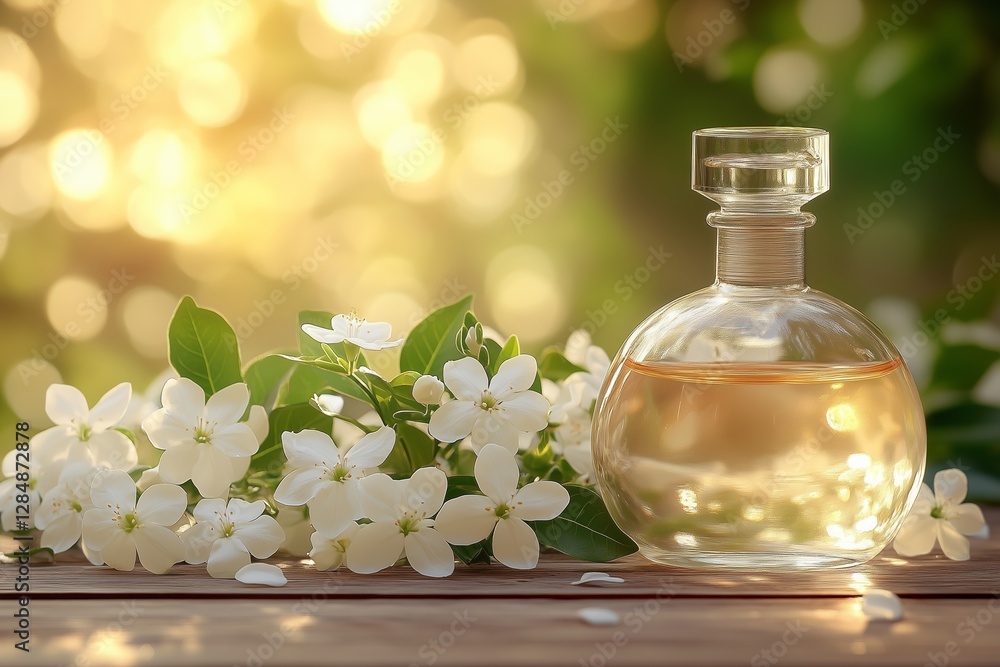 A round glass perfume bottle filled with golden-hued fragrance sits elegantly on a wooden surface, accompanied by delicate white flowers. A round glass perfume bottle filled with golden-hued fragrance sits elegantly on a wooden surface, accompanied by delicate white flowers.