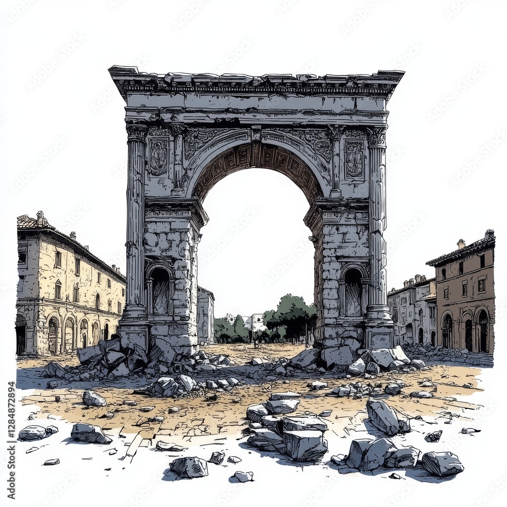 Fototapeta premium A minimalist black line art logo of a decaying ancient archway, without any shading